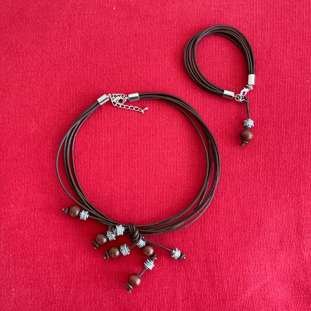 Jackie, Leather & Beads, Necklace and Bracelet